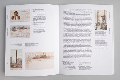 Open book with text and images on a gray background